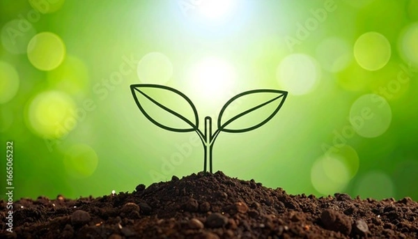 Fototapeta A young sprout emerges from the earth, symbolizing new beginnings and growth against a backdrop of vibrant green, creating a hopeful and serene image.