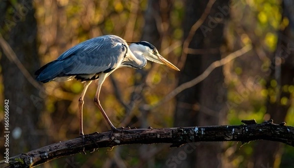 Fototapeta A gray heron, with elegant plumage, perches attentively on a weathered branch, bathed in the soft sunlight filtering through a woodland setting.