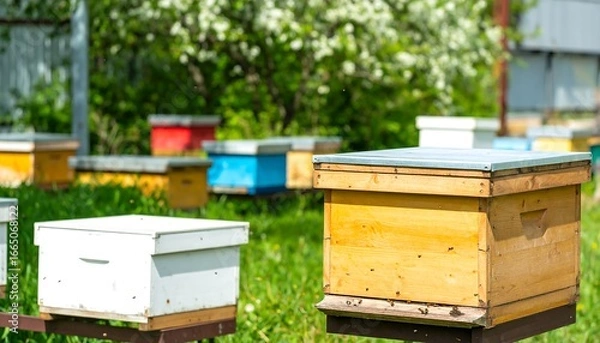 Fototapeta Colorful beehives stand in a grassy apiary, showcasing a vibrant array of wooden boxes.