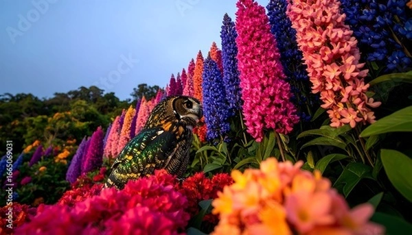 Fototapeta A captivating owl positioned amidst a vibrant display of colorful flowers, creating a striking visual narrative.