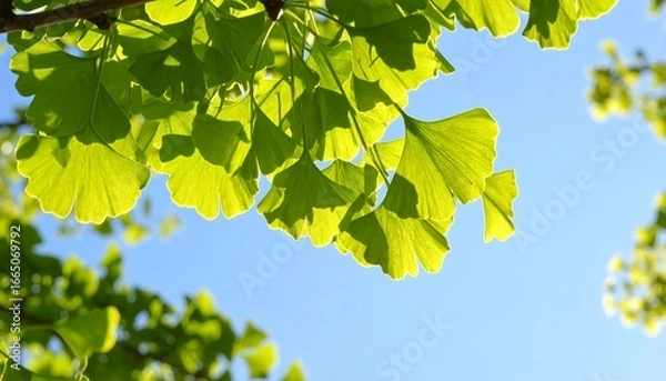 Fototapeta Vibrant ginkgo biloba leaves frame a clear cerulean sky, showcasing the delicate fan shapes and bright, fresh green color.
