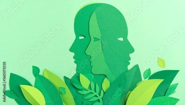 Fototapeta Green paper cut profiles of faces surrounded by lush foliage create a tranquil and vibrant image.