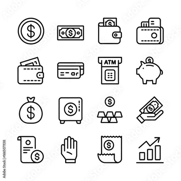 Obraz Finance and Banking Line Icons Set – Dollar, ATM, Coins, Credit Card, Wallet, Money Bag
