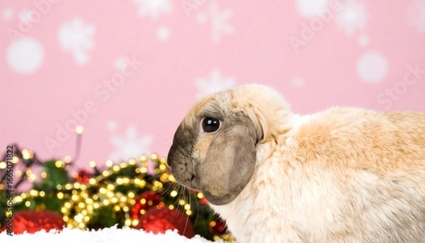 Fototapeta A light beige lop-eared rabbit gazes thoughtfully against a festive backdrop of Christmas lights and ornaments.