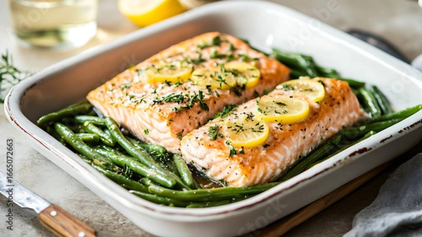 Fototapeta Baked Salmon with Green Beans