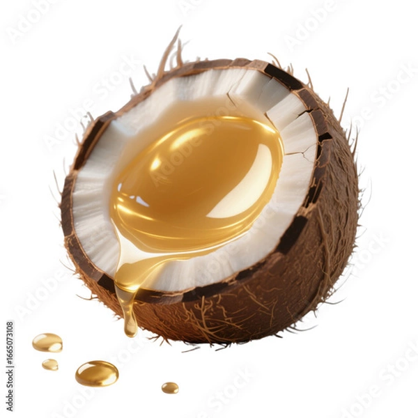 Obraz World Coconut Day – Golden Coconut Oil Flowing from Fresh Coconut