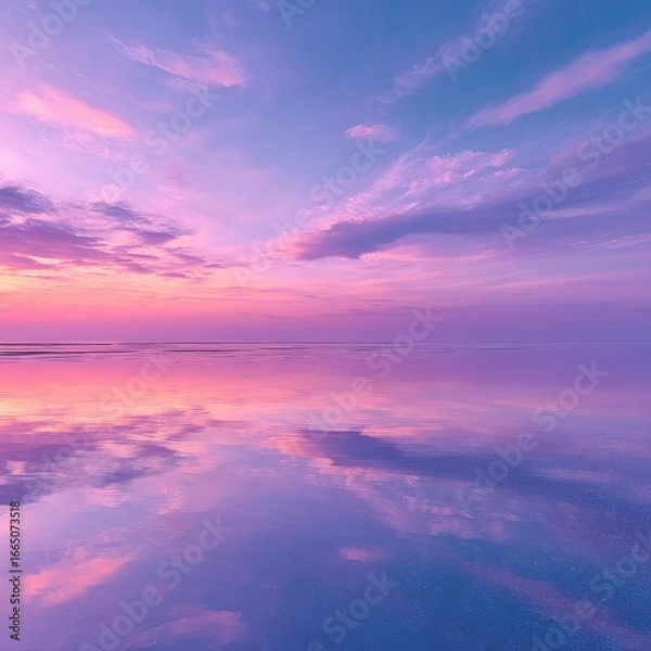Fototapeta A tranquil, vibrant sunset reflecting in a still water.  Pastel hues of pink, purple, and blue dominate the sky and water.  Soft, fluffy clouds are layered against the vibrant colors