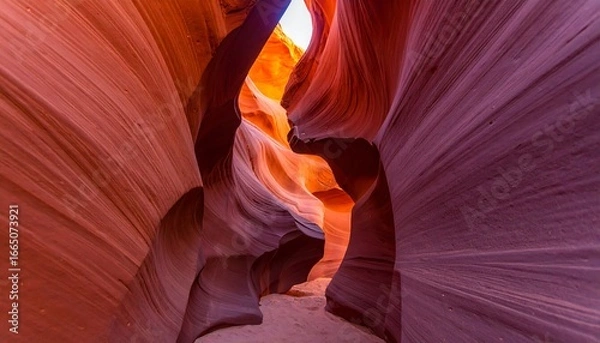 Fototapeta Intricate sandstone formations of a slot canyon, showcasing vibrant hues of red and purple, illuminated by natural light.