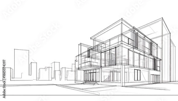 Fototapeta Architectural blueprint of a modern building design with a contemporary urban setting.
