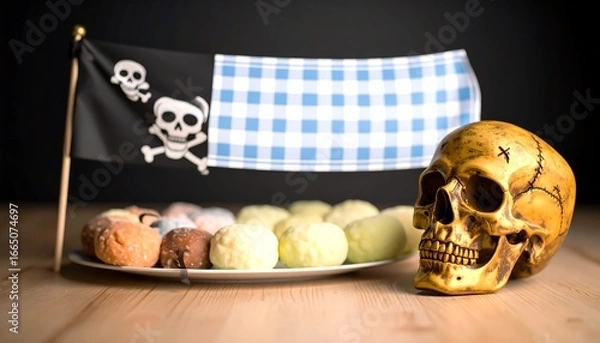 Fototapeta A decorative skull sits beside a plate of colorful treats, with a pirate flag adding a whimsical touch.