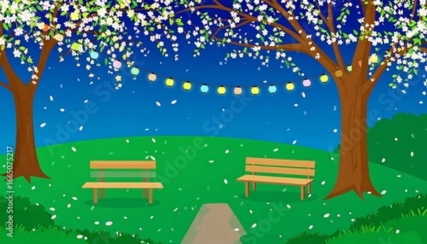 Fototapeta A park scene at twilight, adorned with blooming trees, string lights, and scattered petals, evokes a serene and peaceful ambiance.