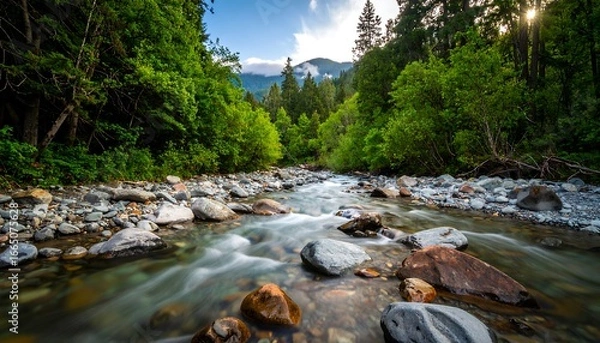 Fototapeta A serene mountain stream flows through a lush green forest, dappled sunlight illuminating the glistening rocks and water.