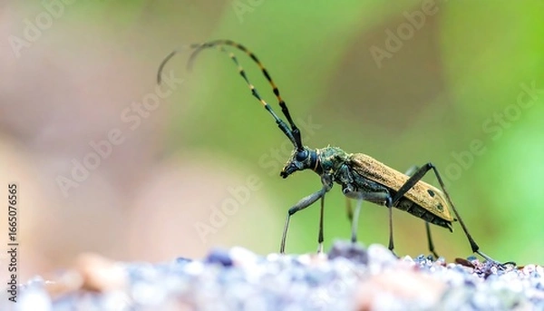 Fototapeta Close-up view of a longhorn beetle, showcasing its intricate details and vibrant colors against a soft, natural background.
