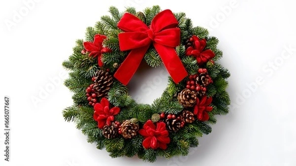 Fototapeta A beautifully decorated Christmas wreath with red ribbon and pinecones, isolated on a plain white background