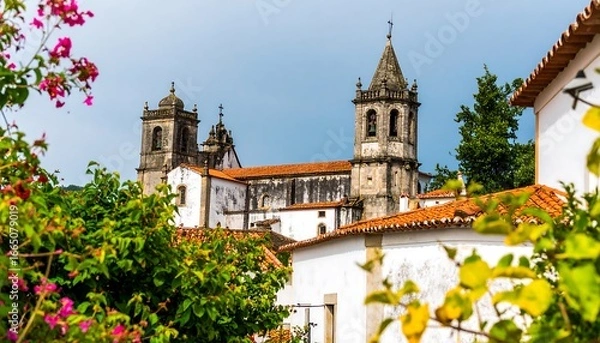 Fototapeta A picturesque view of a historic church, nestled within a charming village, showcasing terracotta roofs and aged whitewashed buildings, framed by lush greenery and vibrant blooms.