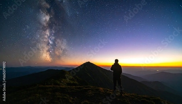 Fototapeta A lone figure stands on a mountain peak, gazing at a breathtaking sunrise, with the Milky Way stretching across the vast night sky.