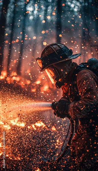 Fototapeta Firefighter working amidst sparks and flames in a forest fire scene