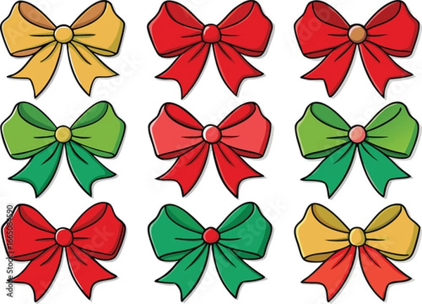 Fototapeta Vector art of nine colorful decorative bows made of ribbon, in various shades of yellow, red, orange, and green
