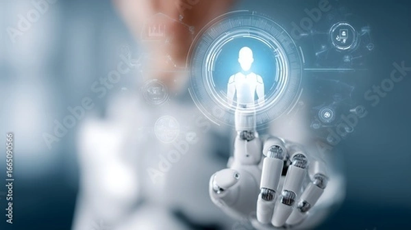 Fototapeta A robot is holding a card with a person's face on it. The robot is holding the card up to a screen, possibly to show a photo or a message. Concept of technology and artificial intelligence