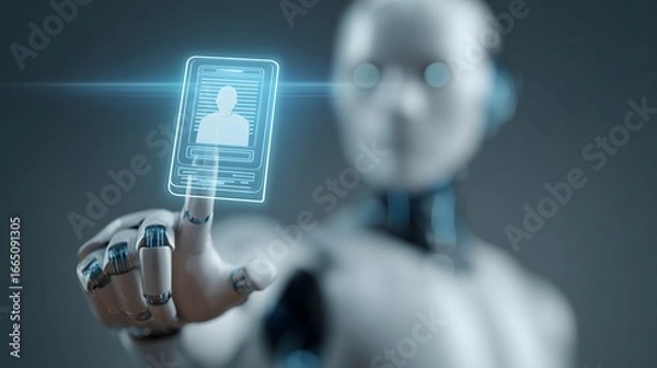 Fototapeta A robot is holding a card with a person's face on it. The robot is holding the card up to a screen, possibly to show a photo or a message. Concept of technology and artificial intelligence