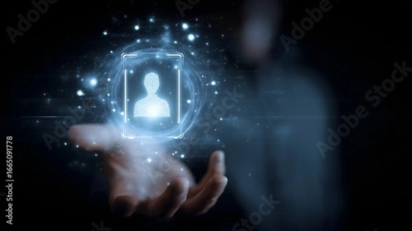 Fototapeta A man is pointing at a face on a screen. The image is of a man in a suit, wearing a tie, and pressing a button. The man is focused on the face, and the image conveys a sense of importance