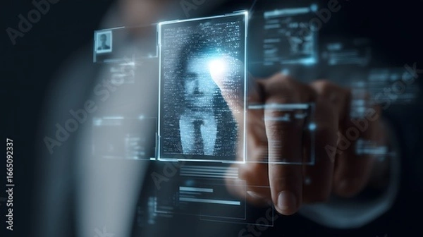Fototapeta A man is pointing at a face on a screen. The image is of a man in a suit, wearing a tie, and pressing a button. The man is focused on the face, and the image conveys a sense of importance