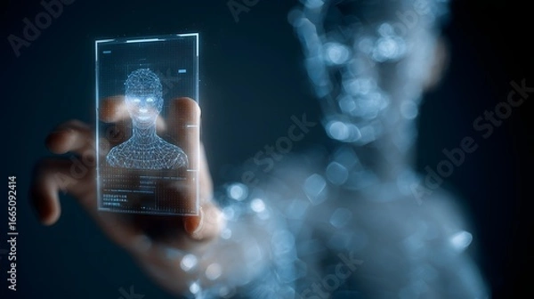 Fototapeta A man is pointing at a face on a screen. The image is of a man in a suit, wearing a tie, and pressing a button. The man is focused on the face, and the image conveys a sense of importance