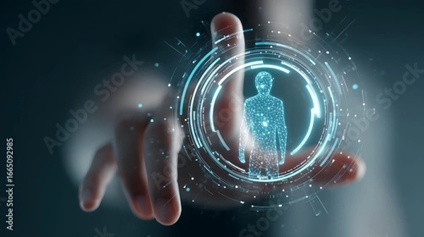 Fototapeta A man is pointing at a face on a screen. The image is of a man in a suit, wearing a tie, and pressing a button. The man is focused on the face, and the image conveys a sense of importance