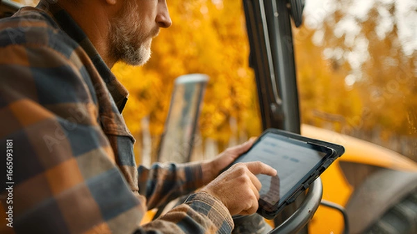 Fototapeta Farmer using digital tablet in tractor cab during harvest season