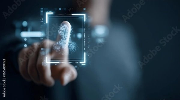 Fototapeta A man is pointing at a face on a screen. The image is of a man in a suit, wearing a tie, and pressing a button. The man is focused on the face, and the image conveys a sense of importance
