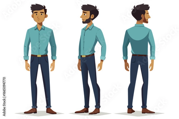 Fototapeta Cartoon Man Character Design Poses Front, Side, and Back Views of Casual Fashion