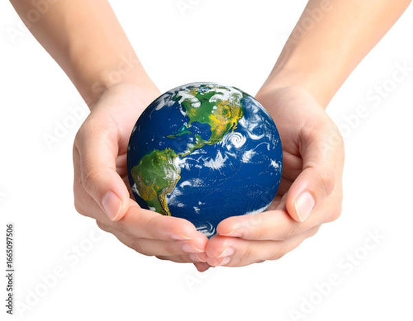 Fototapeta Human hands gently cradle a miniature globe, symbolizing care for our planet and environmental protection.