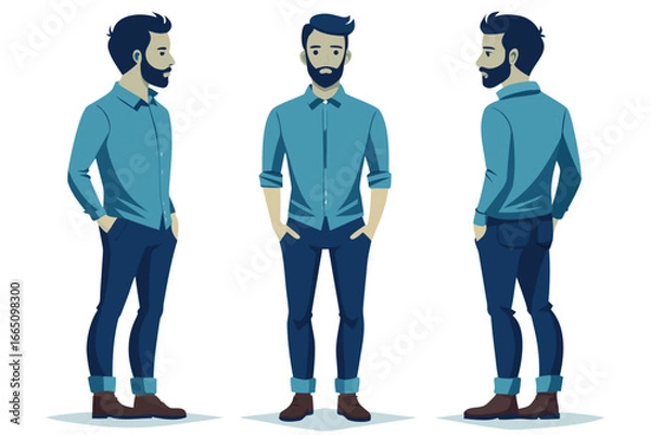 Fototapeta Flat Illustration Man in Blue Shirt and Jeans, Front and Side Views