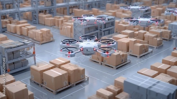 Fototapeta A warehouse with a drone flying above it. The drone is hovering over a large stack of boxes
