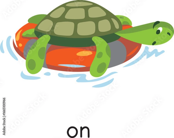 Fototapeta Preposition of place. Turtle ON the lifebuoy