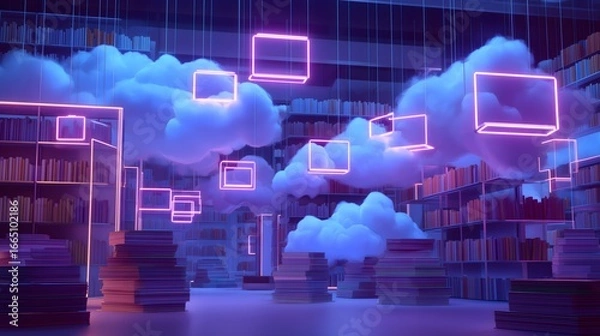 Fototapeta A library filled with books and neon lights. The neon lights are in the shape of boxes and are floating in the air. Scene is bright and colorful, giving off a feeling of excitement and wonder