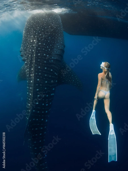 Fototapeta Freediver swims with giant whale shark in deep blue ocean, harmony of human and marine life