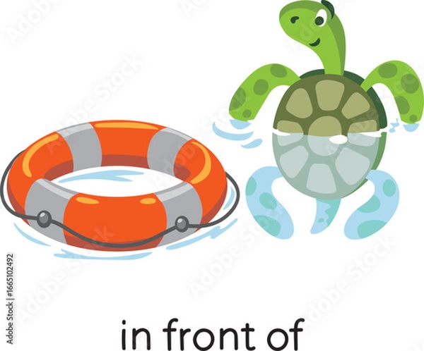 Fototapeta Preposition of place. Turtle IN FRONT OF the lifebuoy