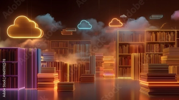 Fototapeta A library filled with books and neon lights. The neon lights are in the shape of boxes and are floating in the air. Scene is bright and colorful, giving off a feeling of excitement and wonder