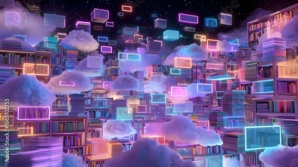 Fototapeta A library filled with books and neon lights. The neon lights are in the shape of boxes and are floating in the air. Scene is bright and colorful, giving off a feeling of excitement and wonder