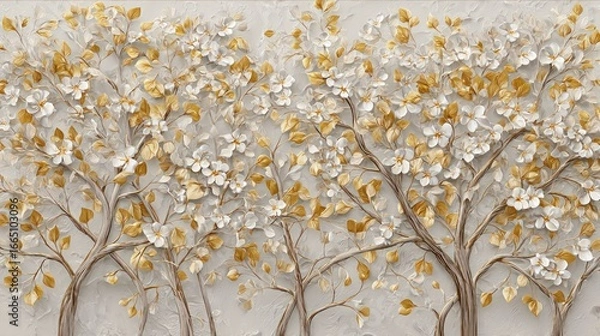 Fototapeta Elegant floral trees with white blossoms and golden leaves create a serene and sophisticated botanical design, perfect for adding a touch of nature and luxury to any space.