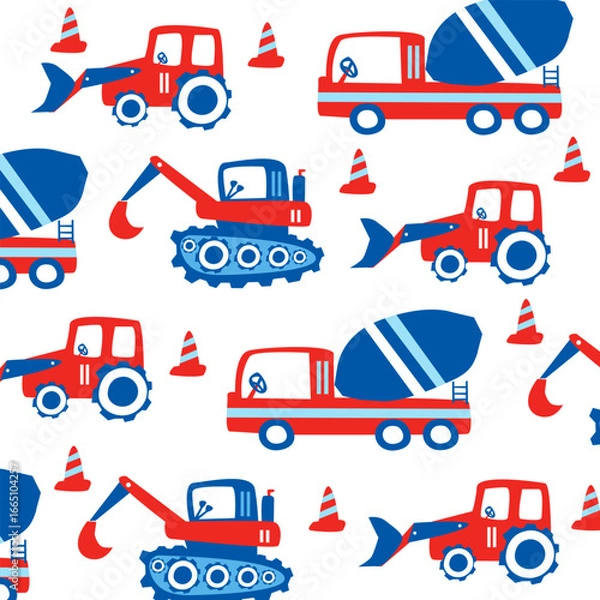 Obraz contraction cars and cement mixer trucks seamless vector cartoon design for kids apparel fullprint colorfull fabric