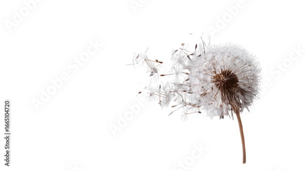 Fototapeta Dandelion fluff and seeds flying and falling in the wind on transparent background