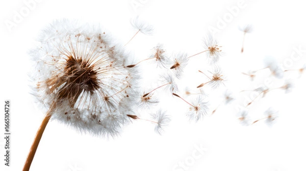 Fototapeta Dandelion fluff and seeds flying and falling in the wind on transparent background