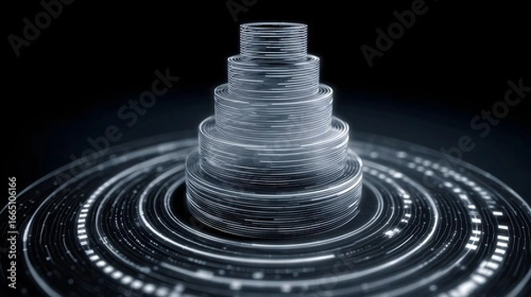 Fototapeta A blue and white image of a tower with a blue background. The tower is surrounded by a blue circle