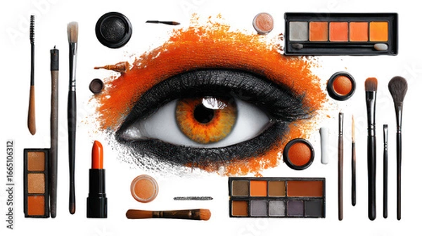 Fototapeta Flat lay of vibrant makeup products and tools creatively arranged on transparent background