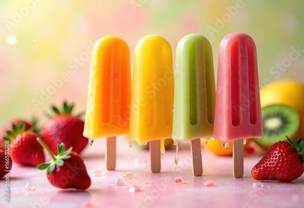 Fototapeta Colorful fruit popsicles with strawberry mango, kiwi melting with droplets on frosted glass against bright pastel background with soft airy lighting and lens flares. Concept for beverage advertising