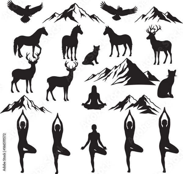 Fototapeta A black vector silhouette set of running wild animals with a pyramid design