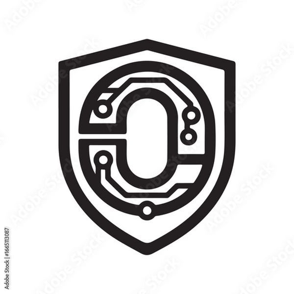 Fototapeta Cybersecurity Shield Icon with Circuit Board Pattern for Technology and Protection Concepts Digital Safety and Data Security Illustration Black and White