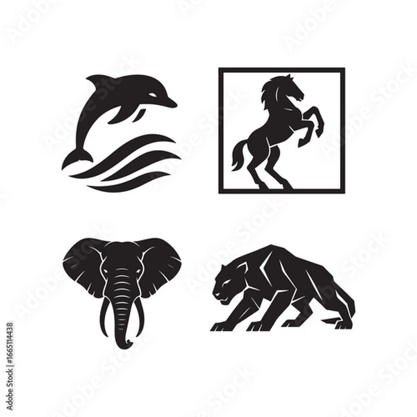 Fototapeta Vector set of wild animal icons featuring a dolphin horse elephant and tiger in black and white design style